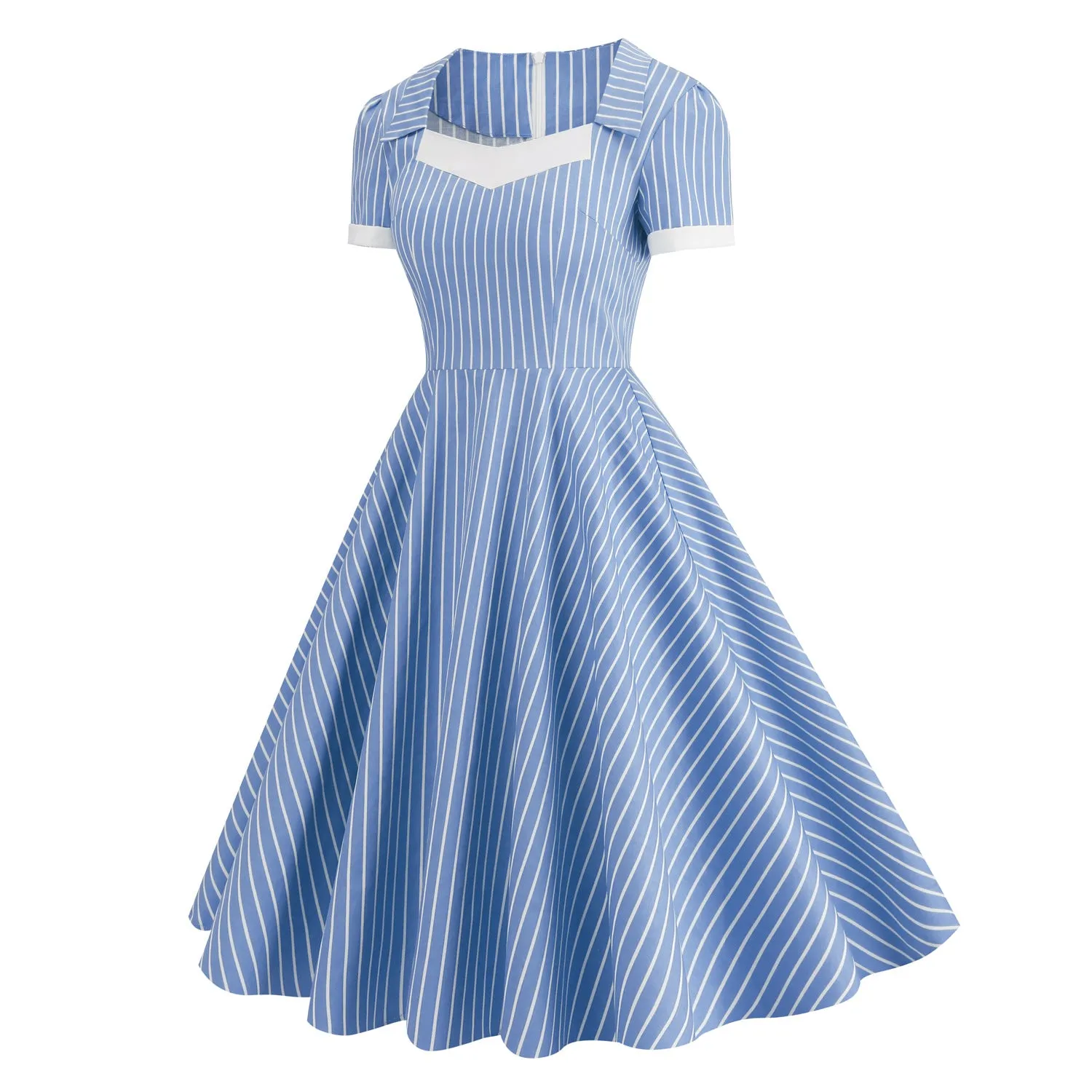Navy Stripes Contrasting Colour Stripes Dresses V-Neck Lapel Short Sleeve Elegant  Dress