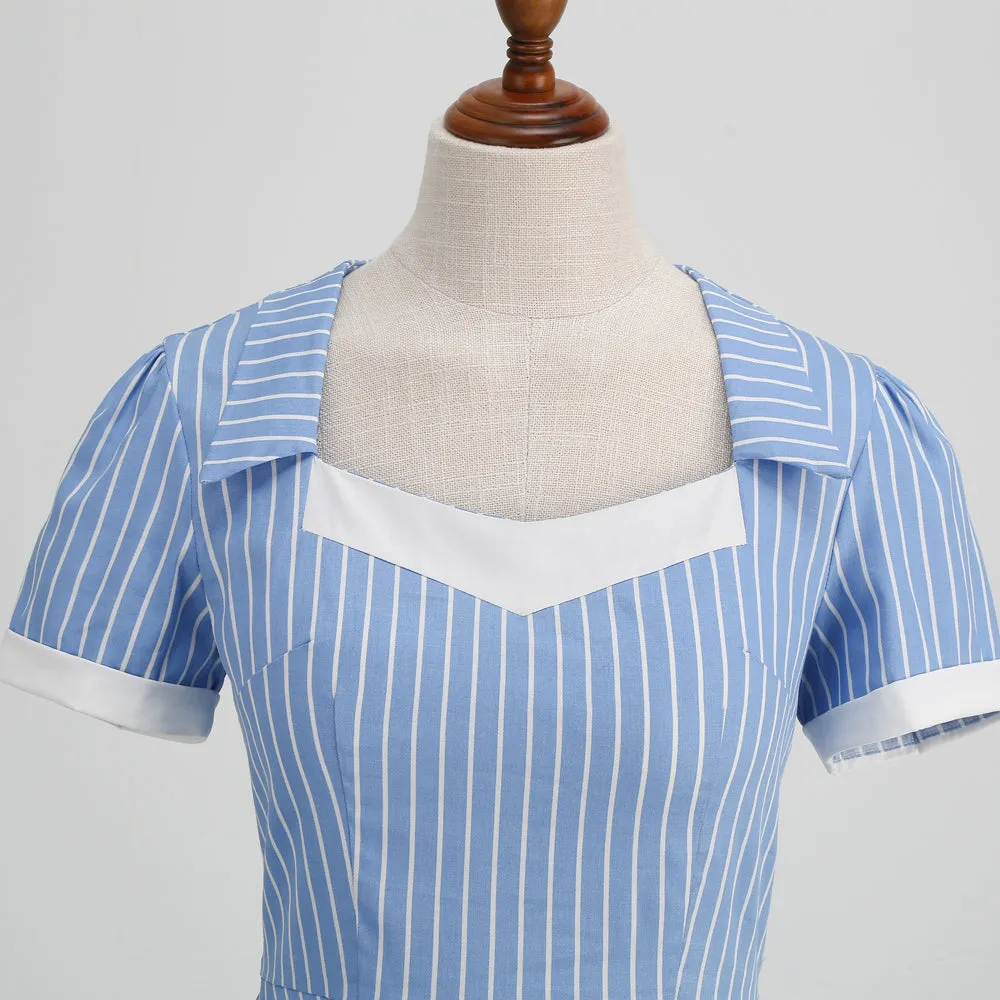 Navy Stripes Contrasting Colour Stripes Dresses V-Neck Lapel Short Sleeve Elegant  Dress