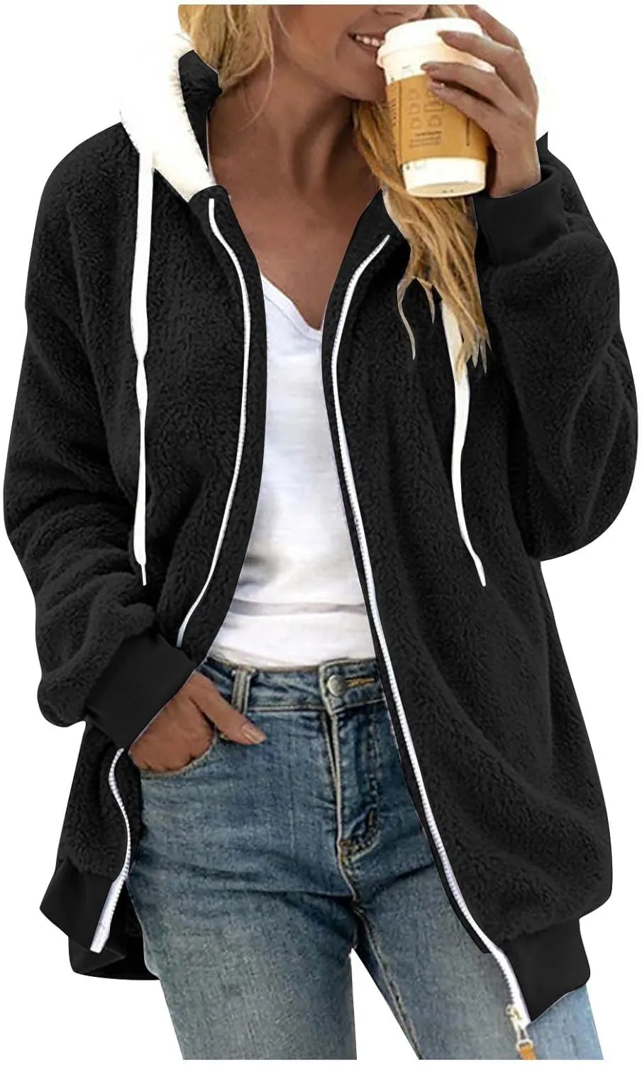 PETYCZEN Winter Jackets for Women Warm Fuzzy Sherpa Lined Plus Size Coats Casual Long Sleeve Zip Up Fleece Jacket Outerwear