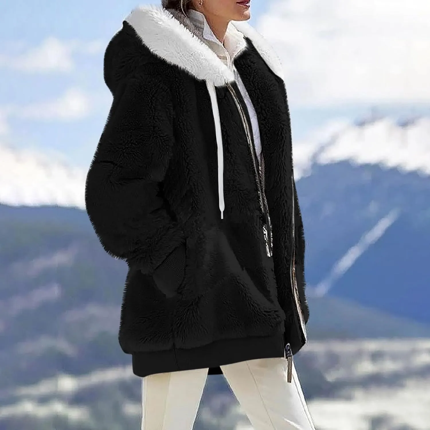 PETYCZEN Winter Jackets for Women Warm Fuzzy Sherpa Lined Plus Size Coats Casual Long Sleeve Zip Up Fleece Jacket Outerwear