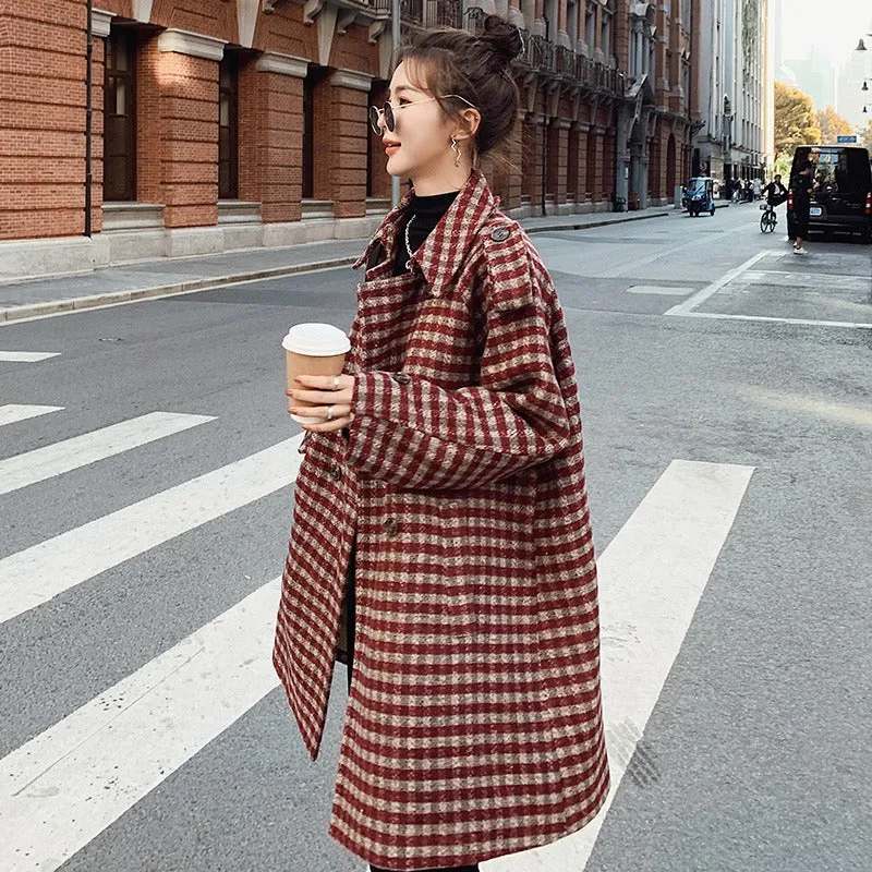 Plaid All-Match Loose Mid-Length Woolen Women's Coat