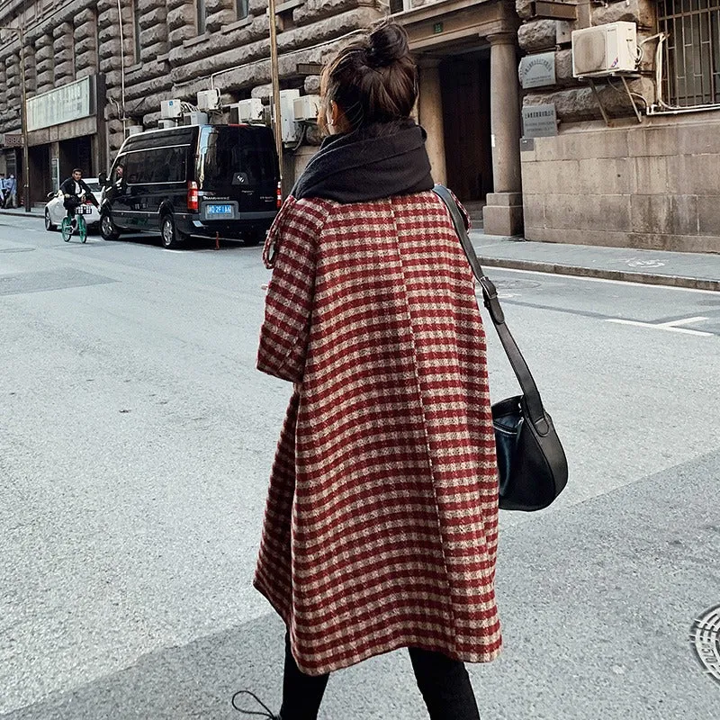 Plaid All-Match Loose Mid-Length Woolen Women's Coat