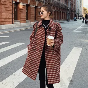 Plaid All-Match Loose Mid-Length Woolen Women's Coat