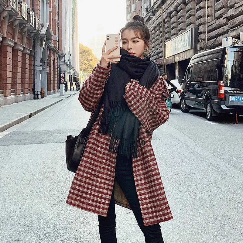 Plaid All-Match Loose Mid-Length Woolen Women's Coat
