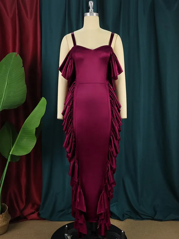 Plus Size  Ruffle Long Casual  thin Strap Elegant Party Dress