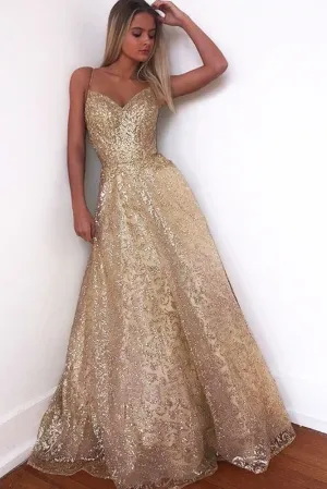 Promfast Glitter Gorgeous A-Line Sweetheart Cross Back Gold Sequins Long Prom Dresses PFP1846