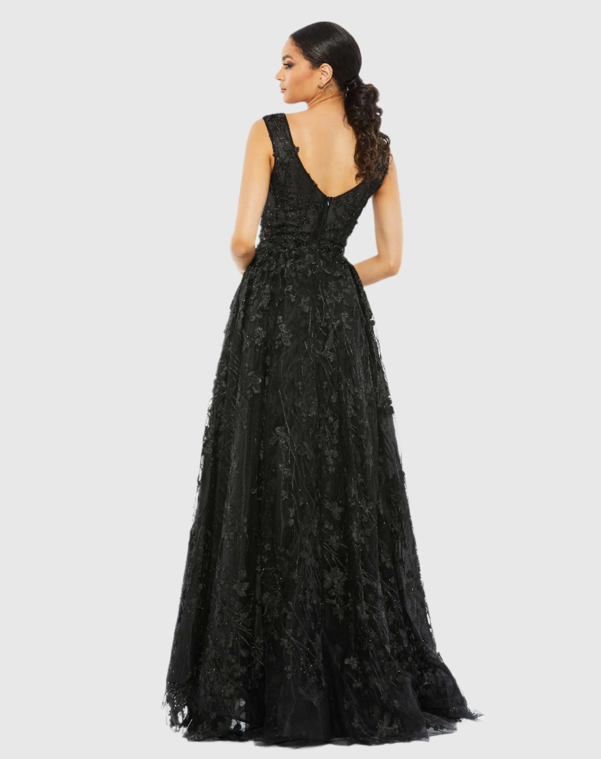 Purple Floral Embroidered Illusion V-Neck Gown - Lilac