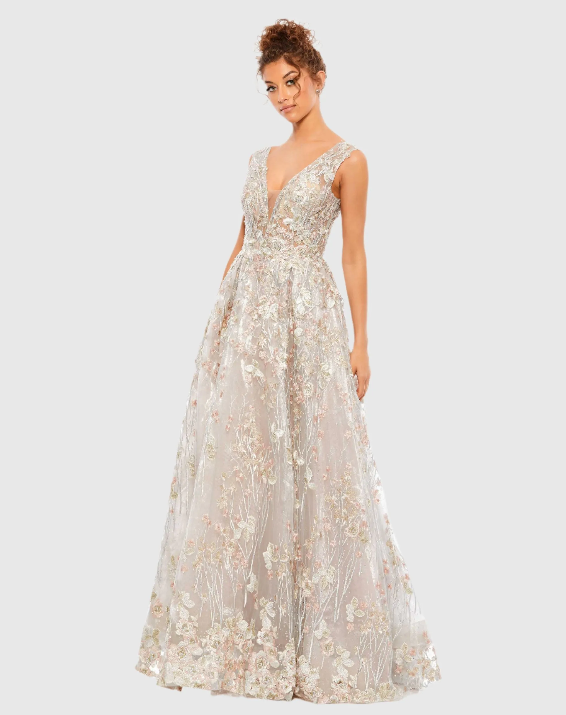 Purple Floral Embroidered Illusion V-Neck Gown - Lilac