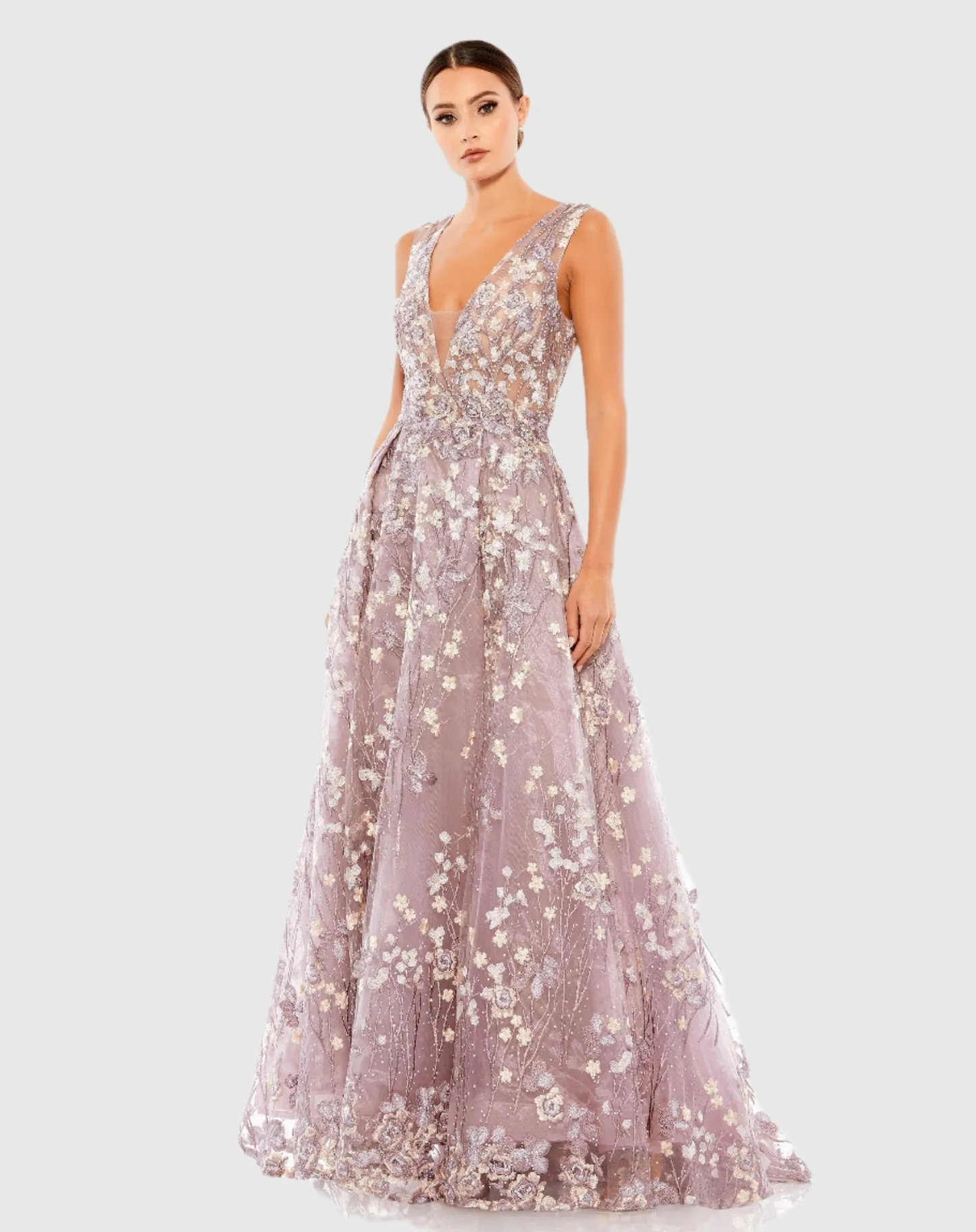Purple Floral Embroidered Illusion V-Neck Gown - Lilac