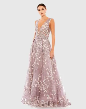 Purple Floral Embroidered Illusion V-Neck Gown - Lilac