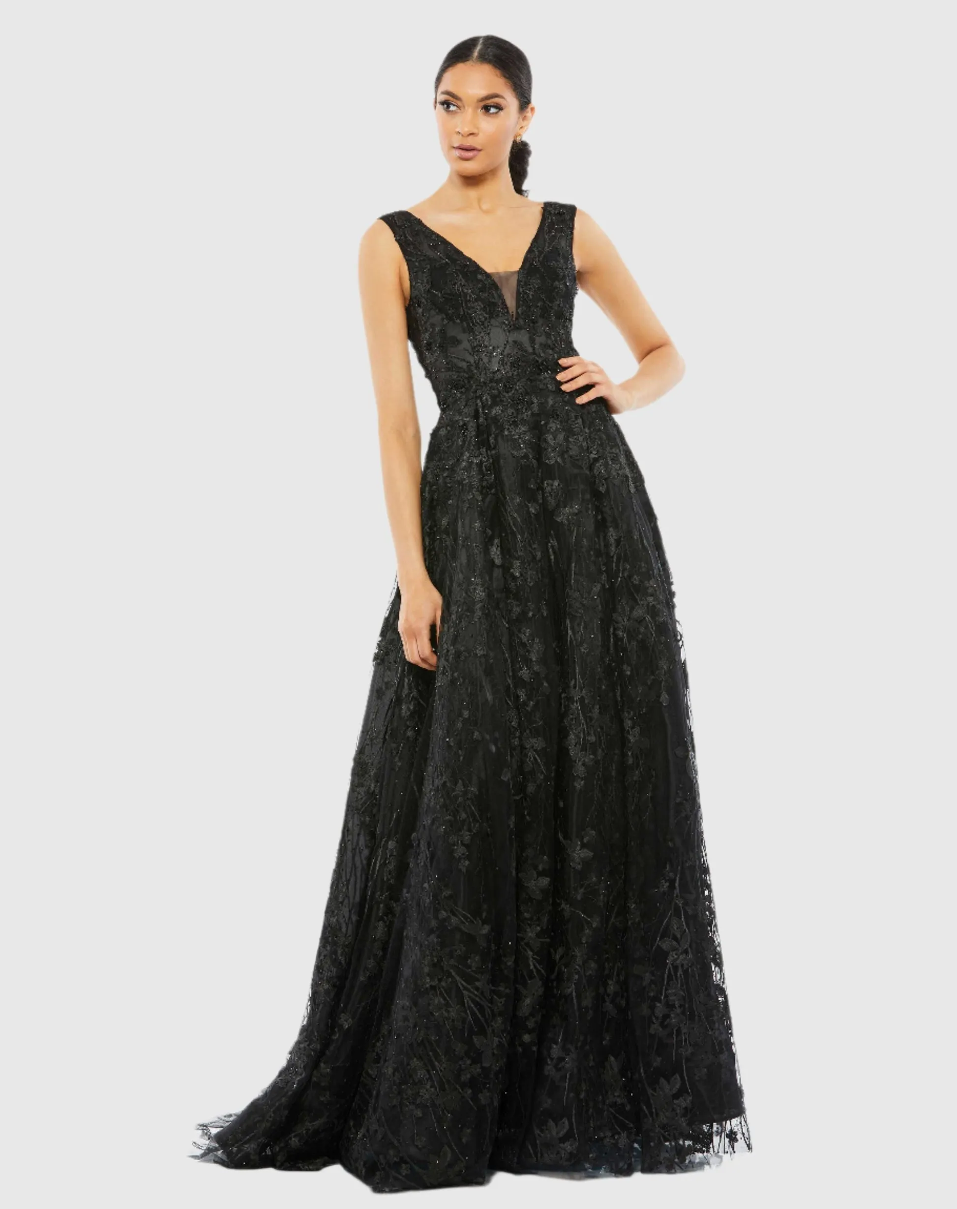 Purple Floral Embroidered Illusion V-Neck Gown - Lilac