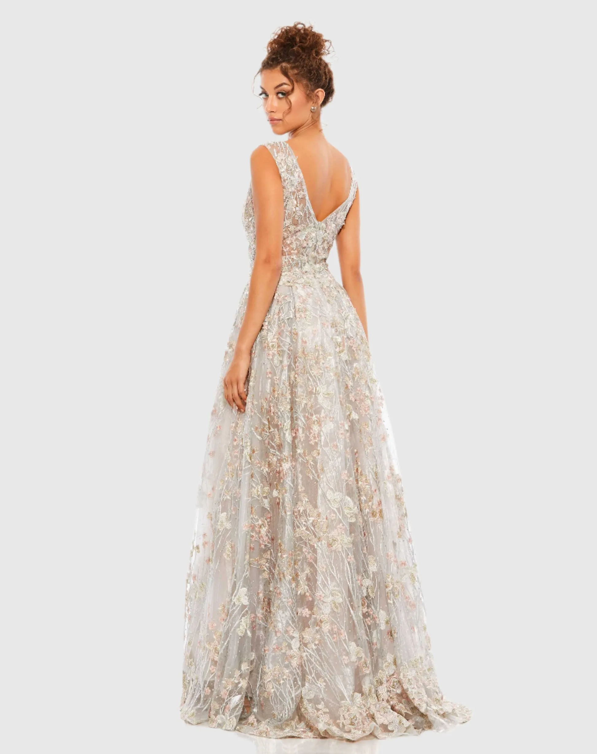 Purple Floral Embroidered Illusion V-Neck Gown - Lilac