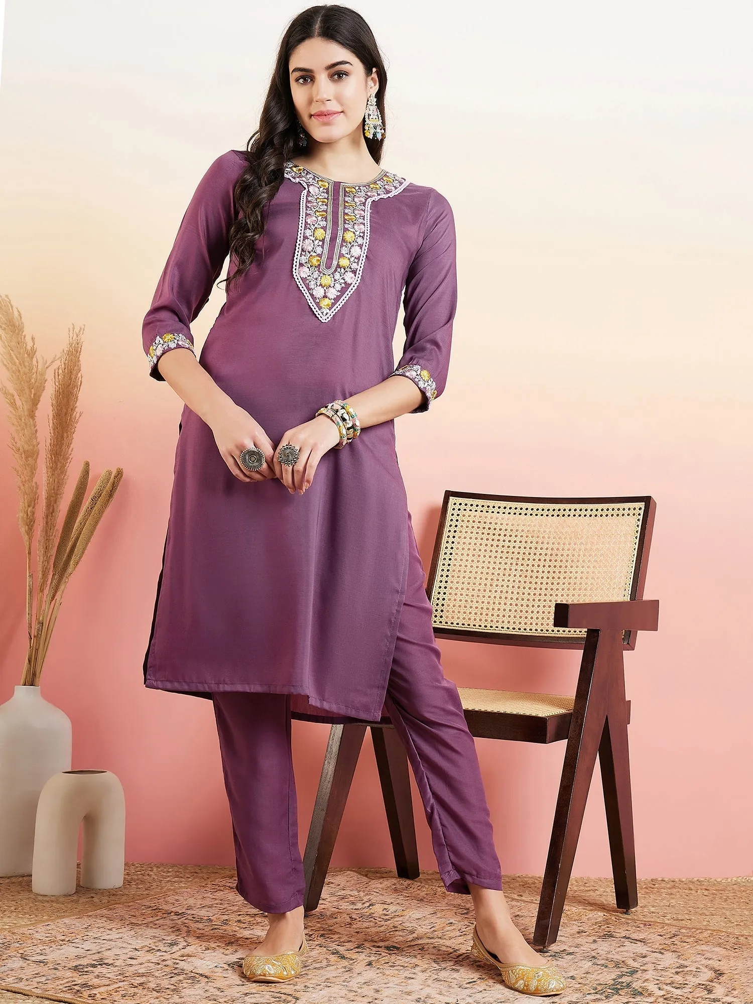 Purple Floral Yoke Design Thread Work Kurta With Trousers