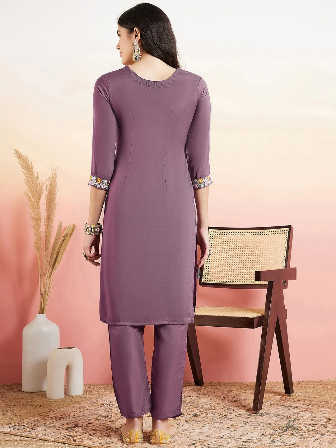Purple Floral Yoke Design Thread Work Kurta With Trousers