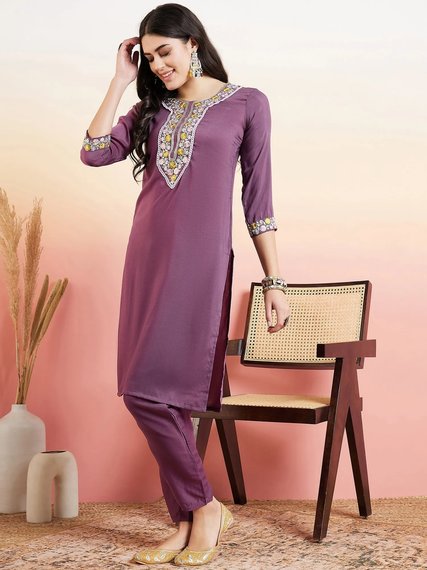 Purple Floral Yoke Design Thread Work Kurta With Trousers