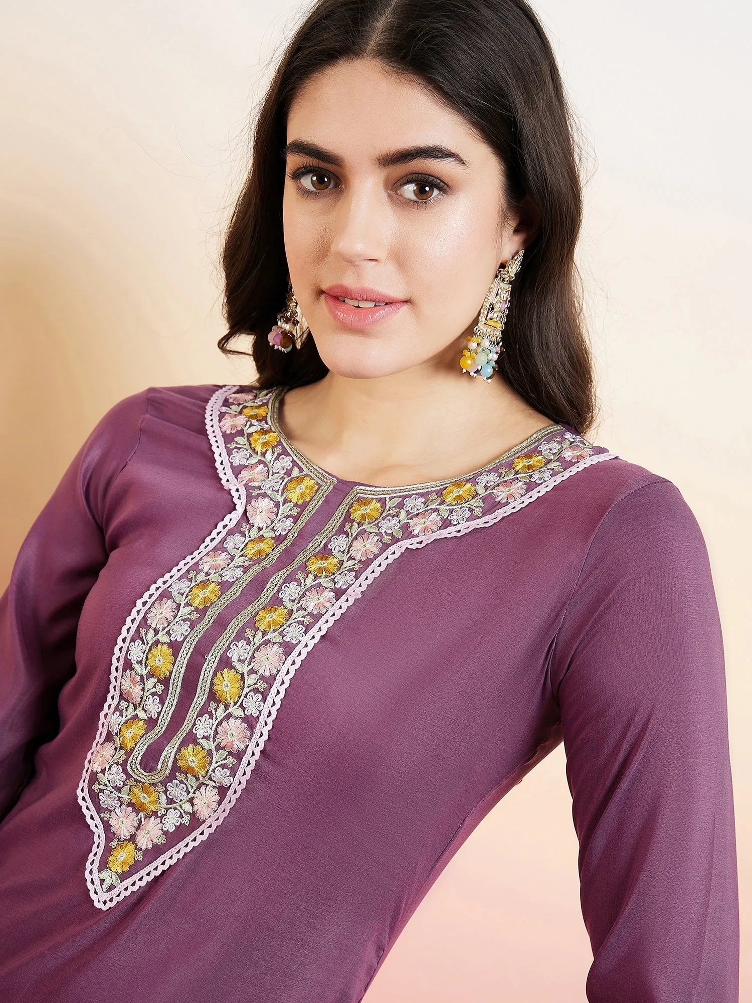 Purple Floral Yoke Design Thread Work Kurta With Trousers