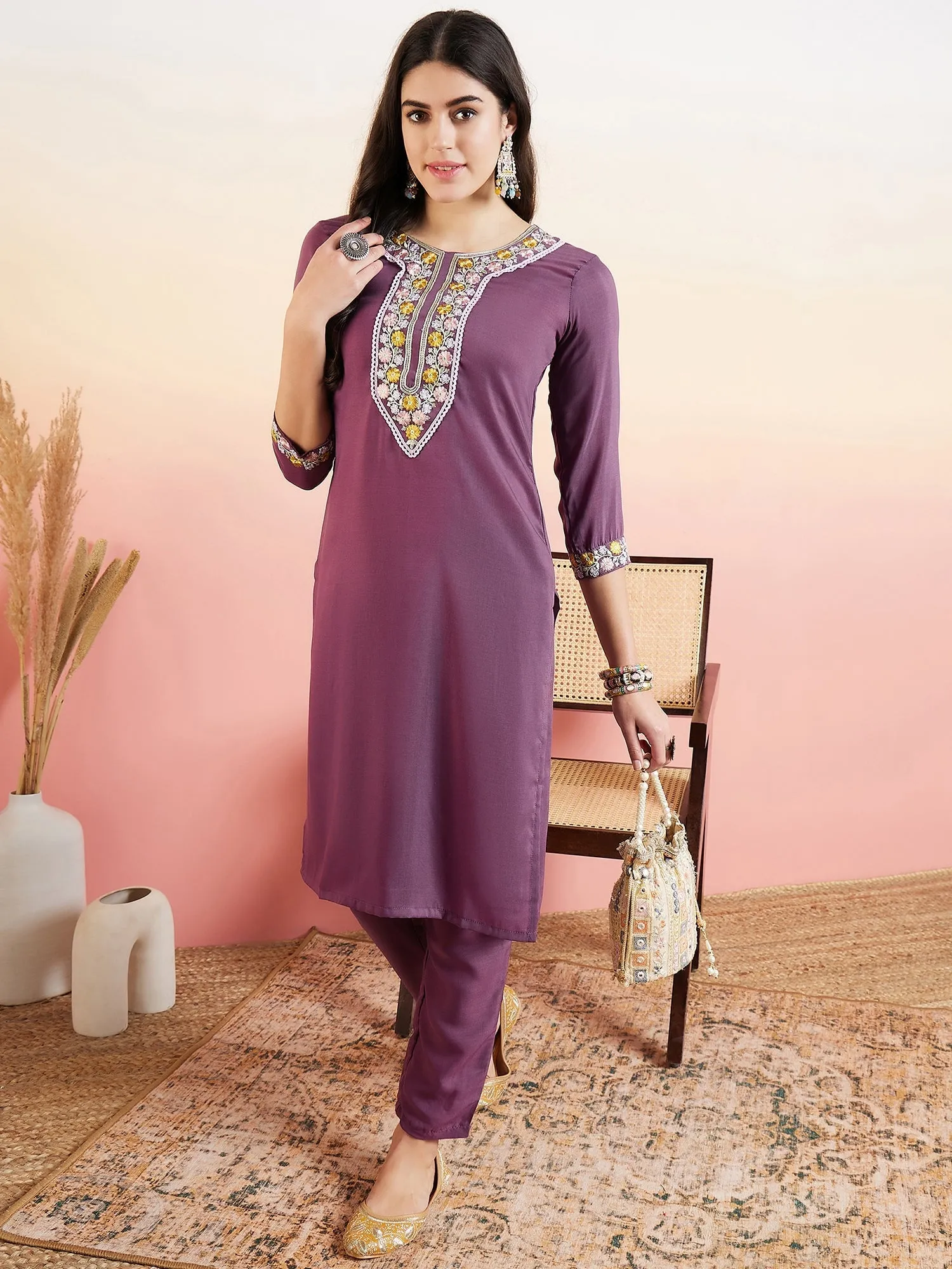Purple Floral Yoke Design Thread Work Kurta With Trousers