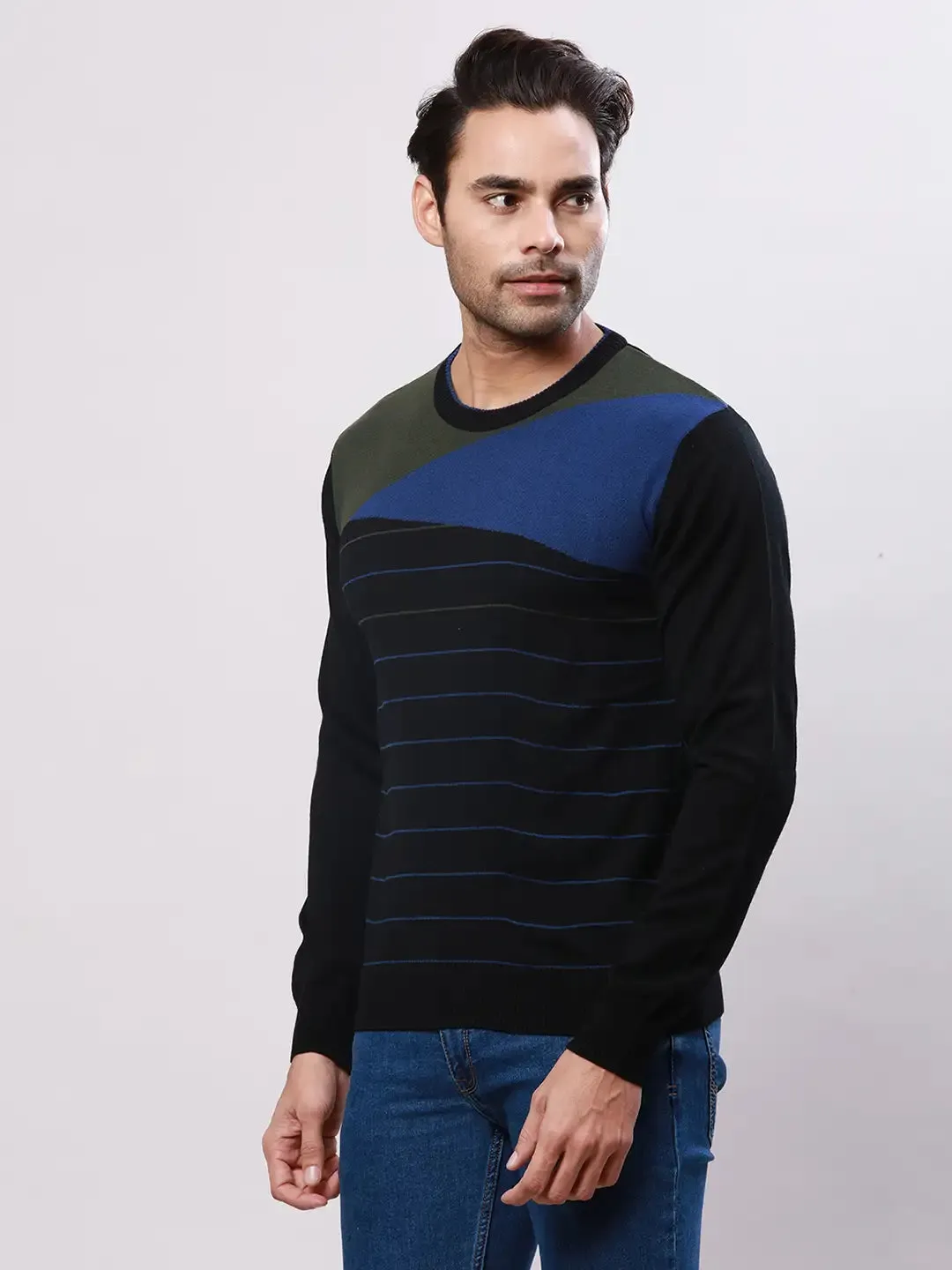 Raymond Men Black Stripe Acrlic Blend Round Neck Sweaters