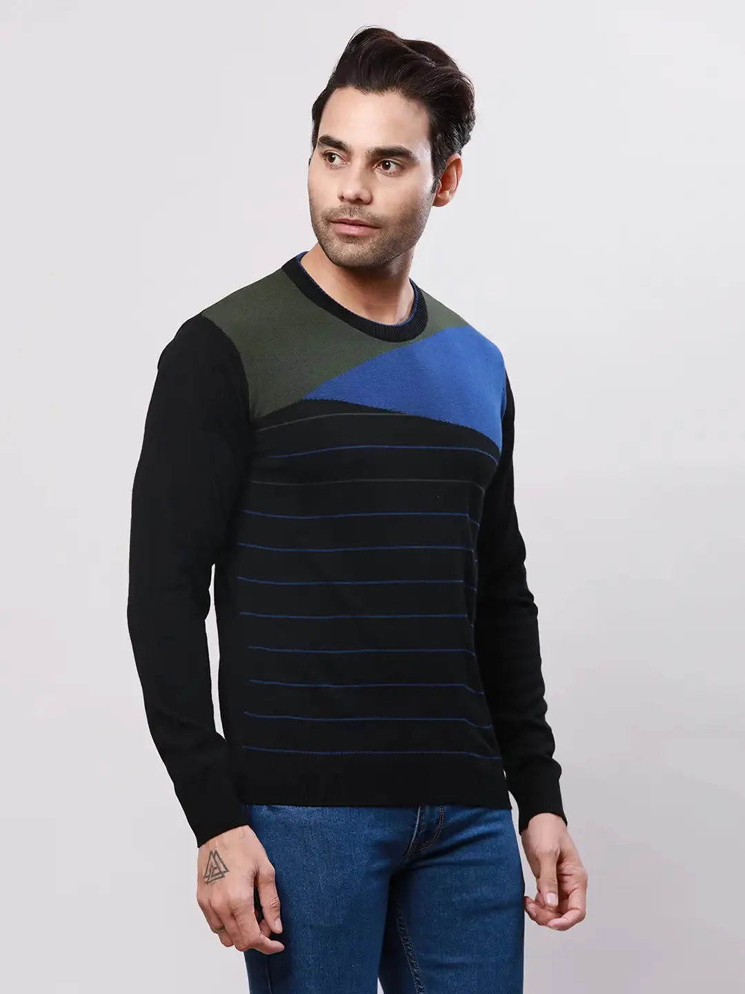 Raymond Men Black Stripe Acrlic Blend Round Neck Sweaters
