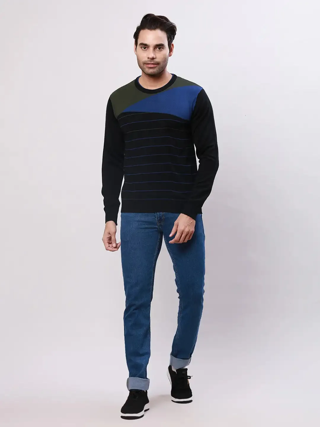 Raymond Men Black Stripe Acrlic Blend Round Neck Sweaters