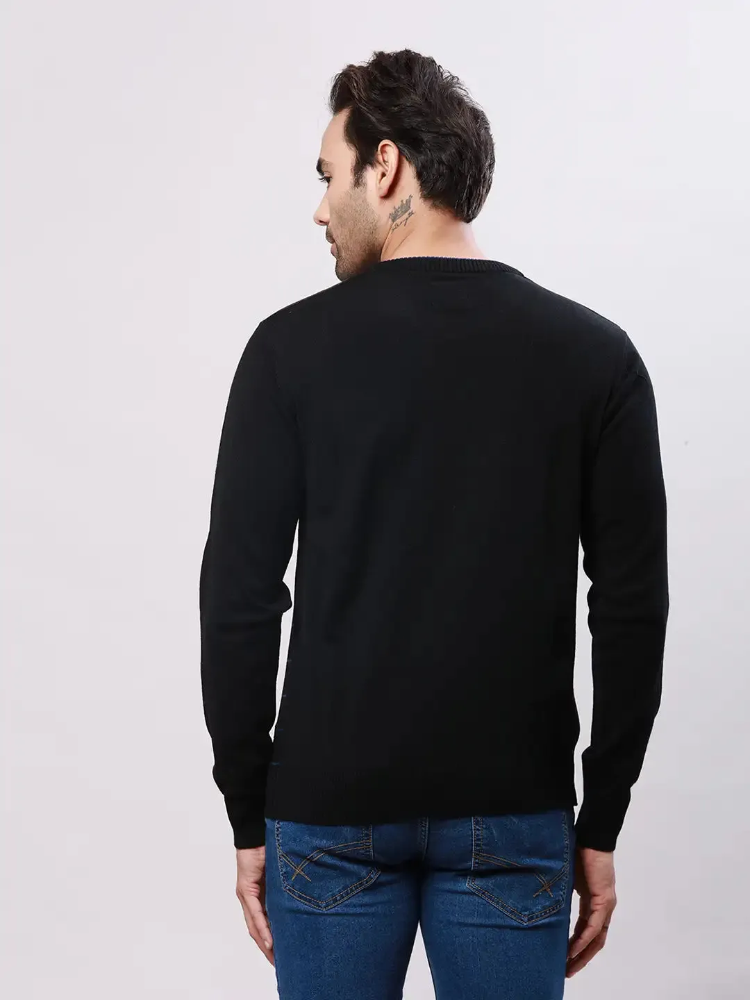 Raymond Men Black Stripe Acrlic Blend Round Neck Sweaters