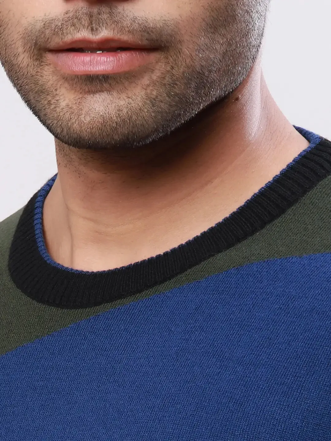 Raymond Men Black Stripe Acrlic Blend Round Neck Sweaters
