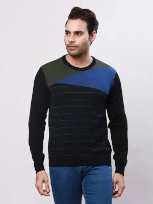Raymond Men Black Stripe Acrlic Blend Round Neck Sweaters