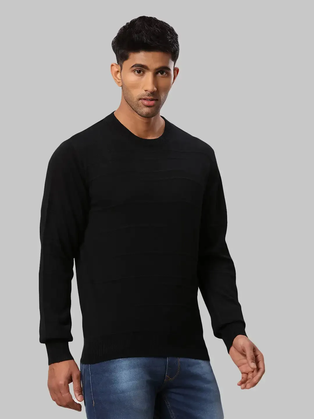 Raymond Men Black Structure Cable Acrylic Blend Full Sleeve Sweaters