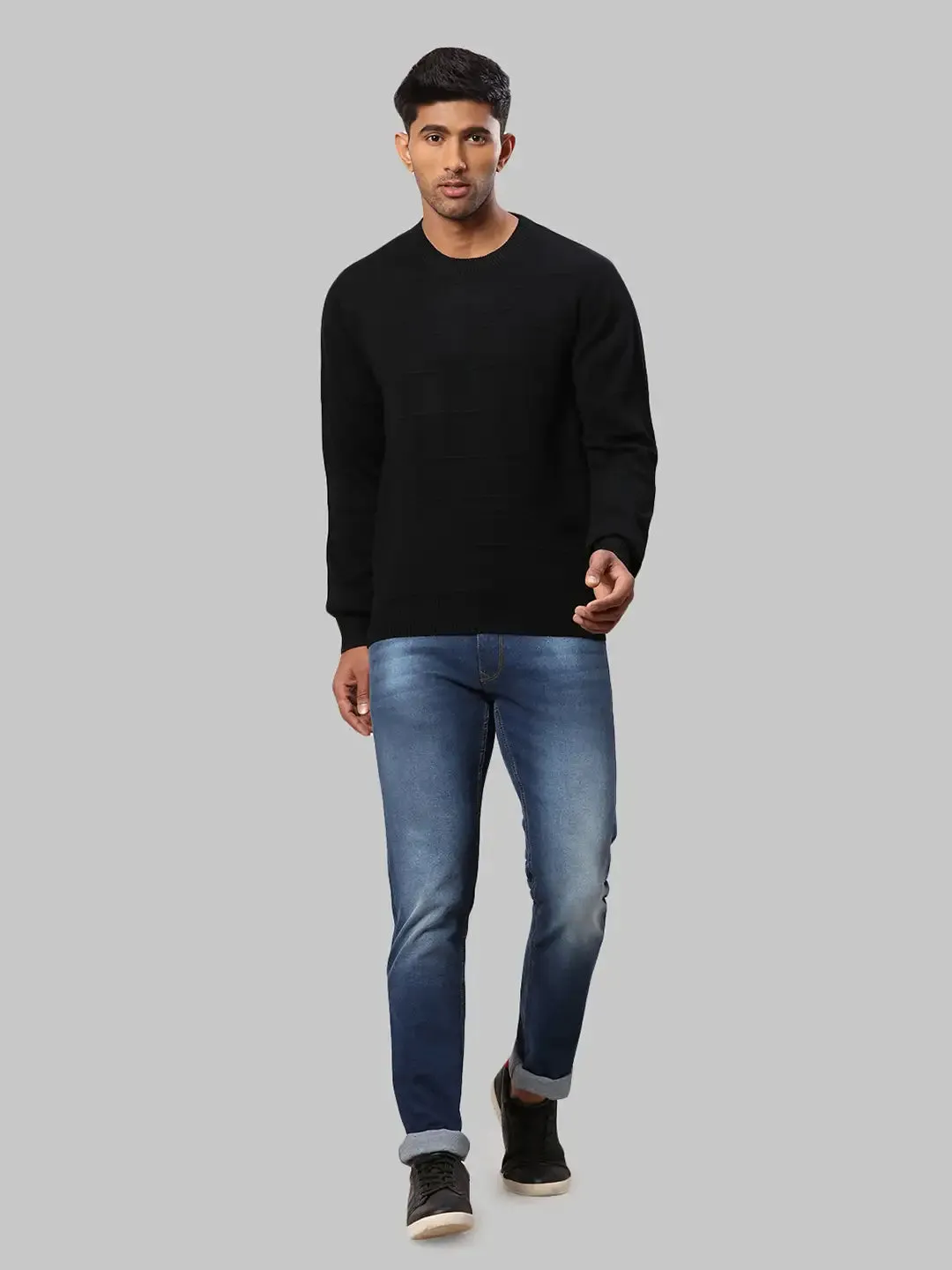 Raymond Men Black Structure Cable Acrylic Blend Full Sleeve Sweaters