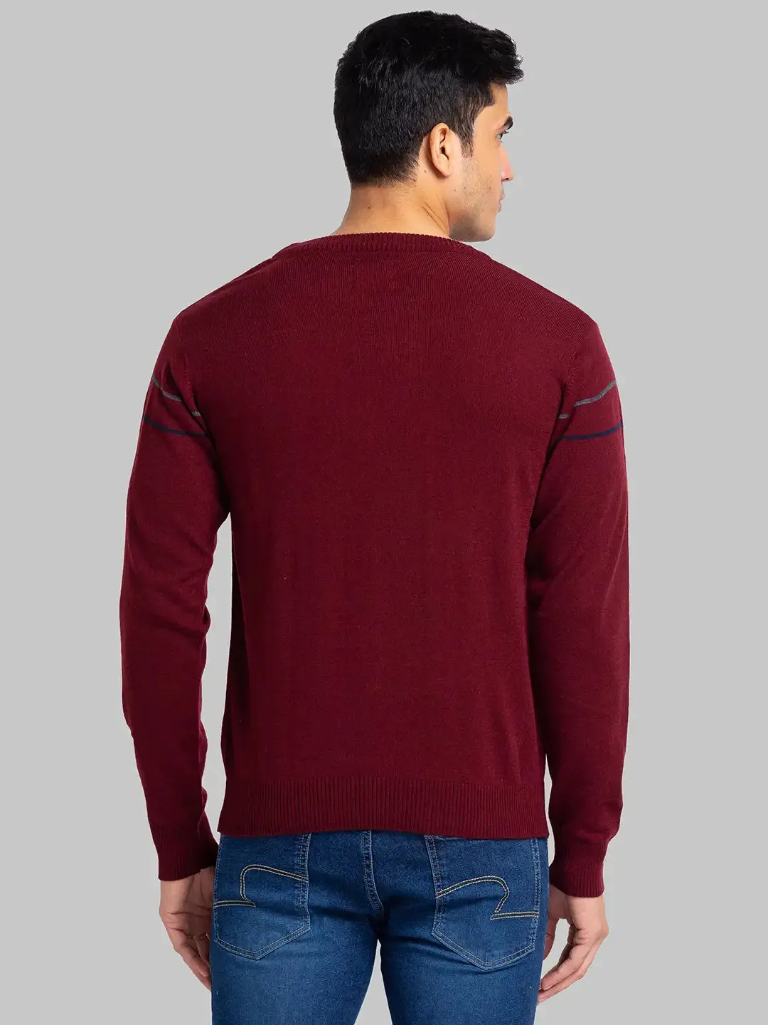 Raymond Men Maroon Stripe Acrylic Blend Sweaters