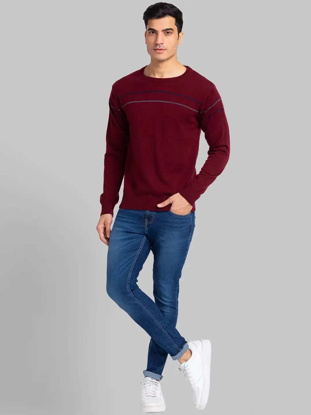 Raymond Men Maroon Stripe Acrylic Blend Sweaters