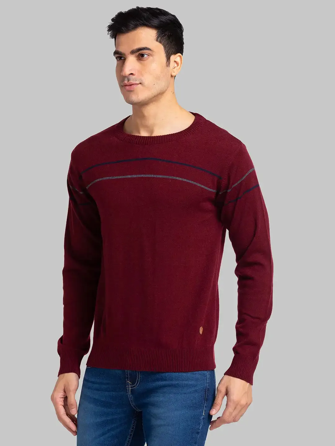 Raymond Men Maroon Stripe Acrylic Blend Sweaters