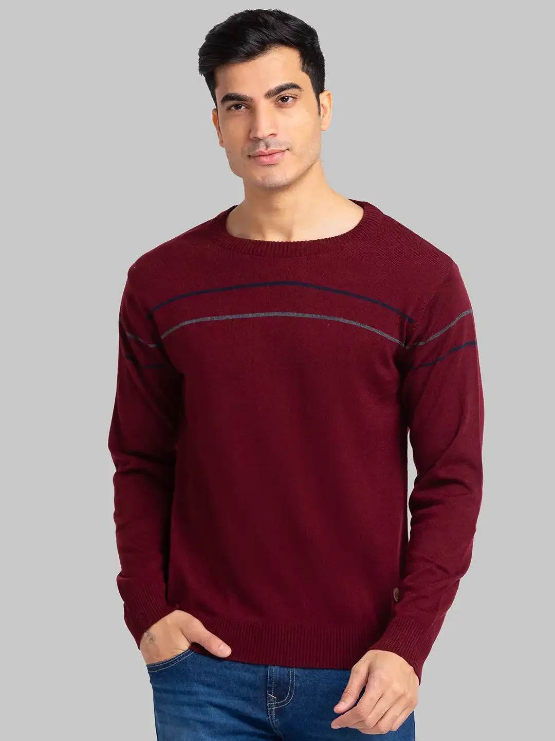 Raymond Men Maroon Stripe Acrylic Blend Sweaters