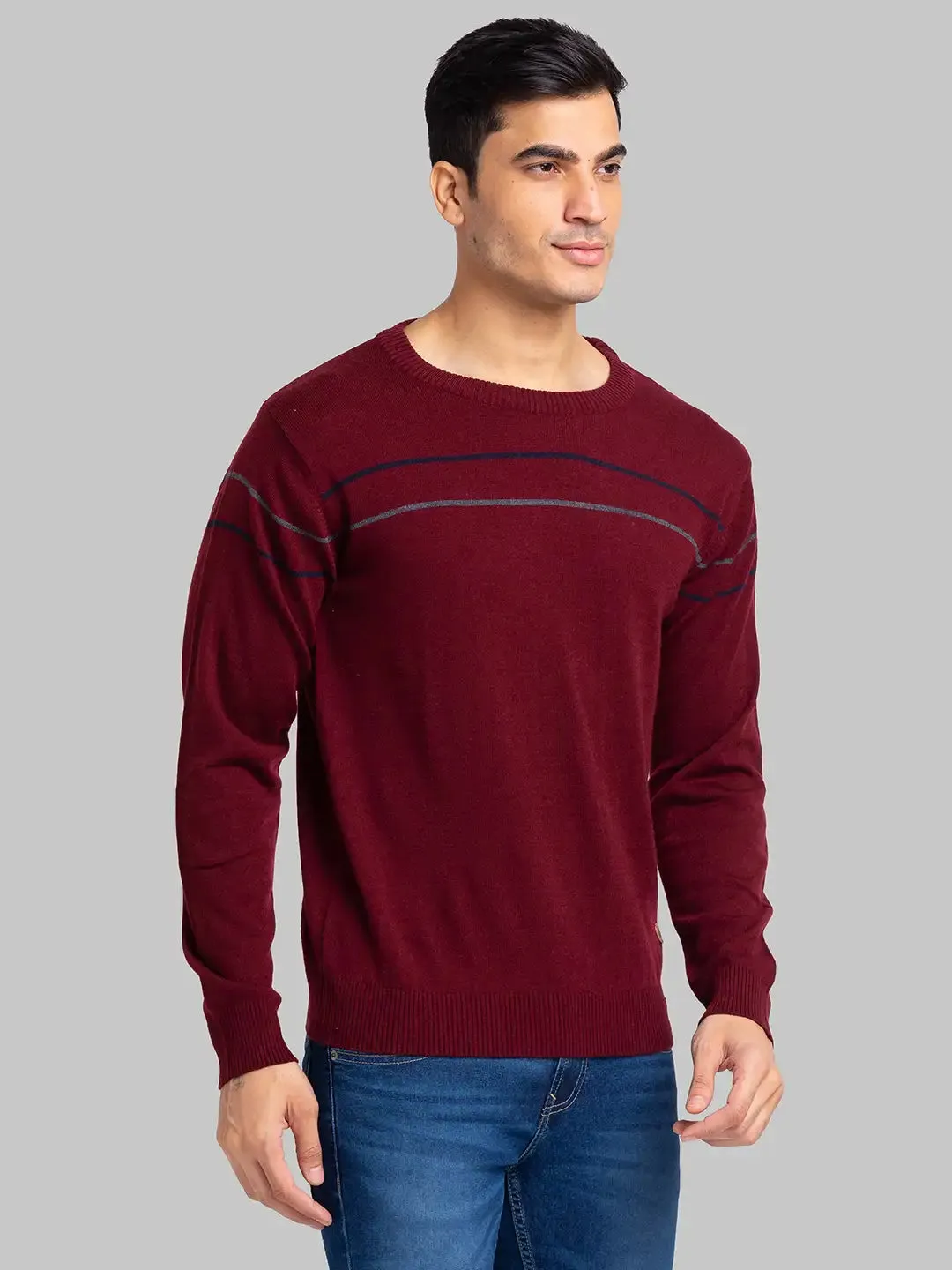 Raymond Men Maroon Stripe Acrylic Blend Sweaters