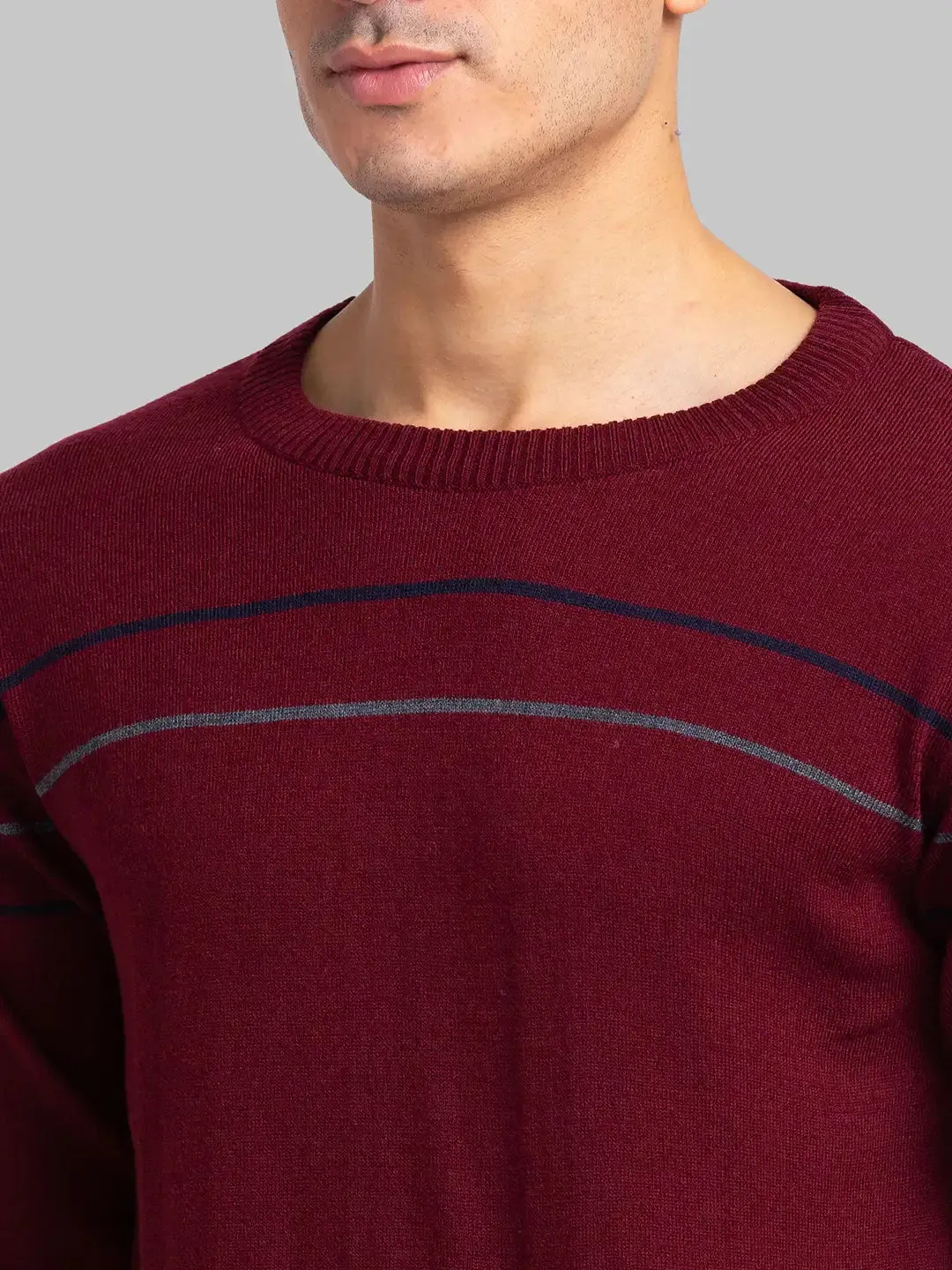 Raymond Men Maroon Stripe Acrylic Blend Sweaters