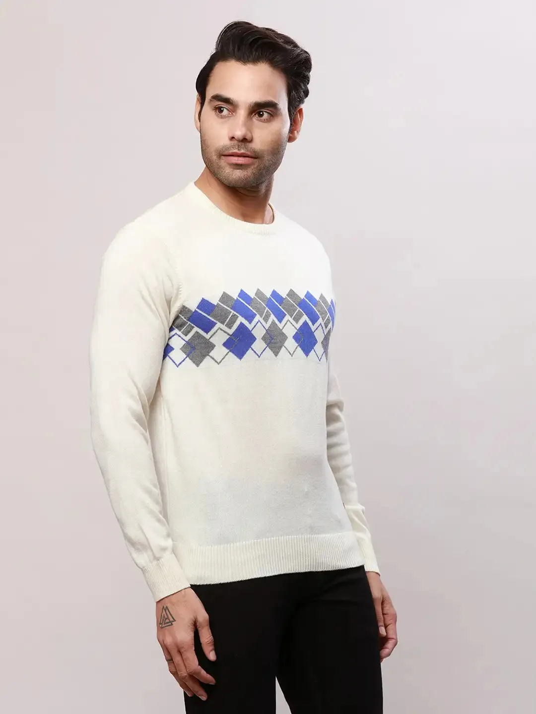 Raymond Men White Argyle Acrylic Blend Sweaters