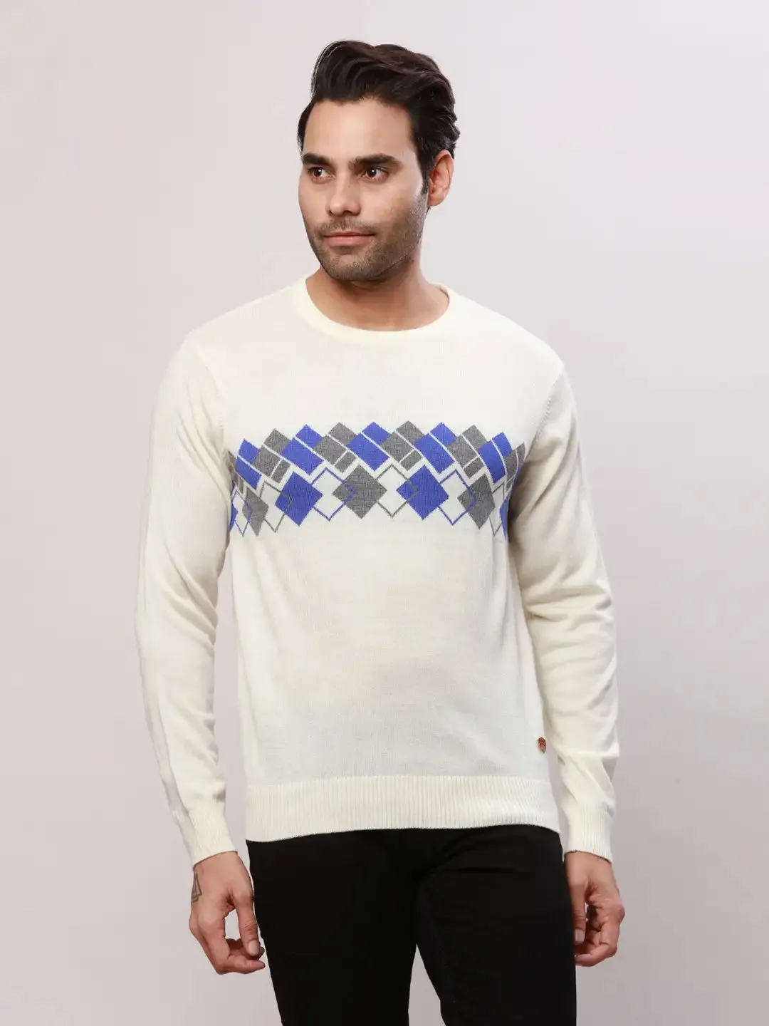 Raymond Men White Argyle Acrylic Blend Sweaters