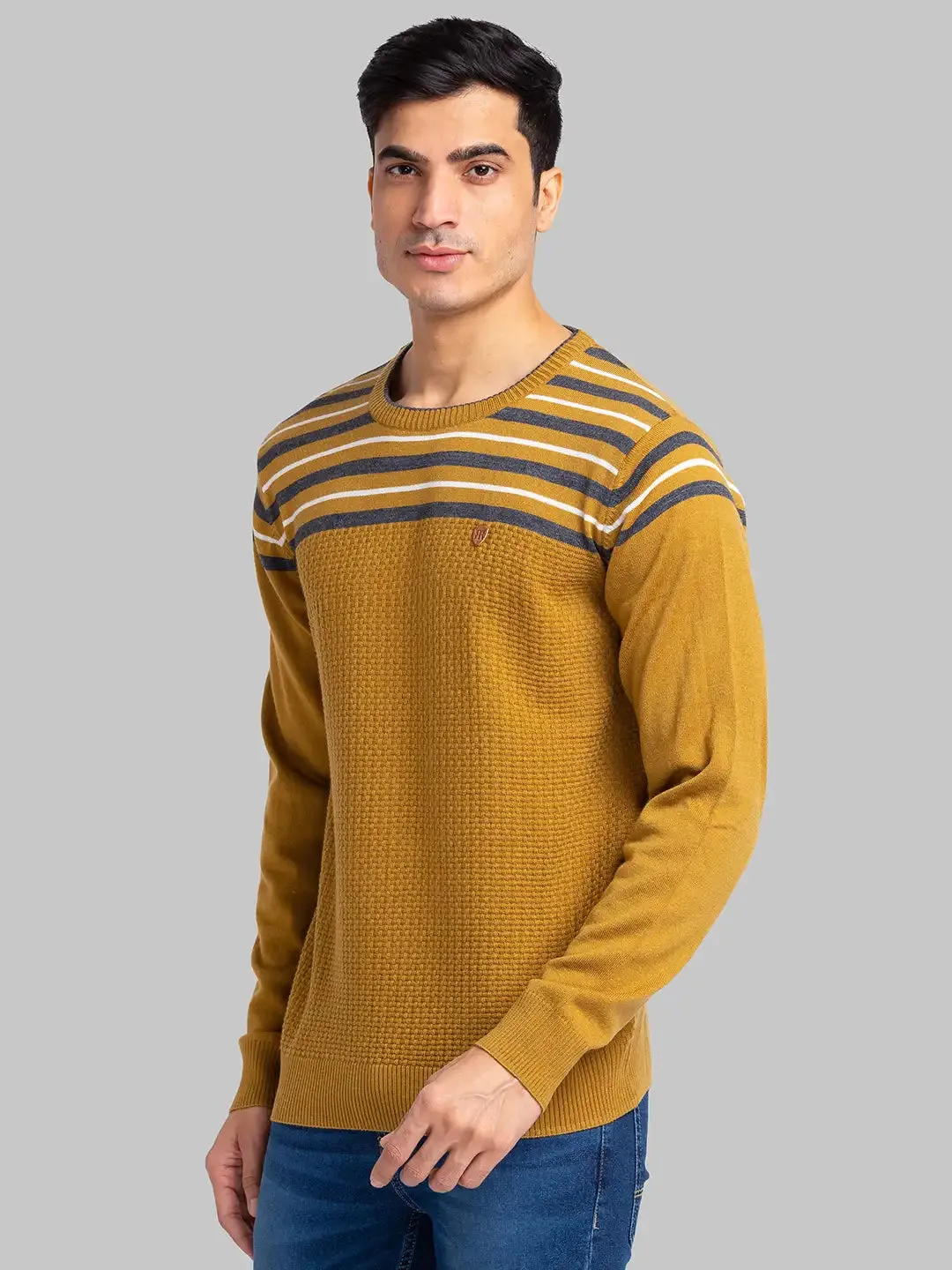 Raymond Men Yellow Stripe Acrylic Blend Sweaters