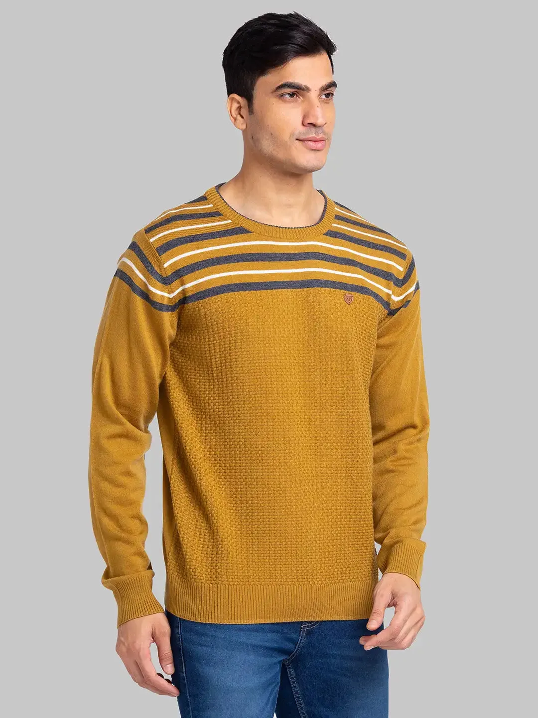 Raymond Men Yellow Stripe Acrylic Blend Sweaters