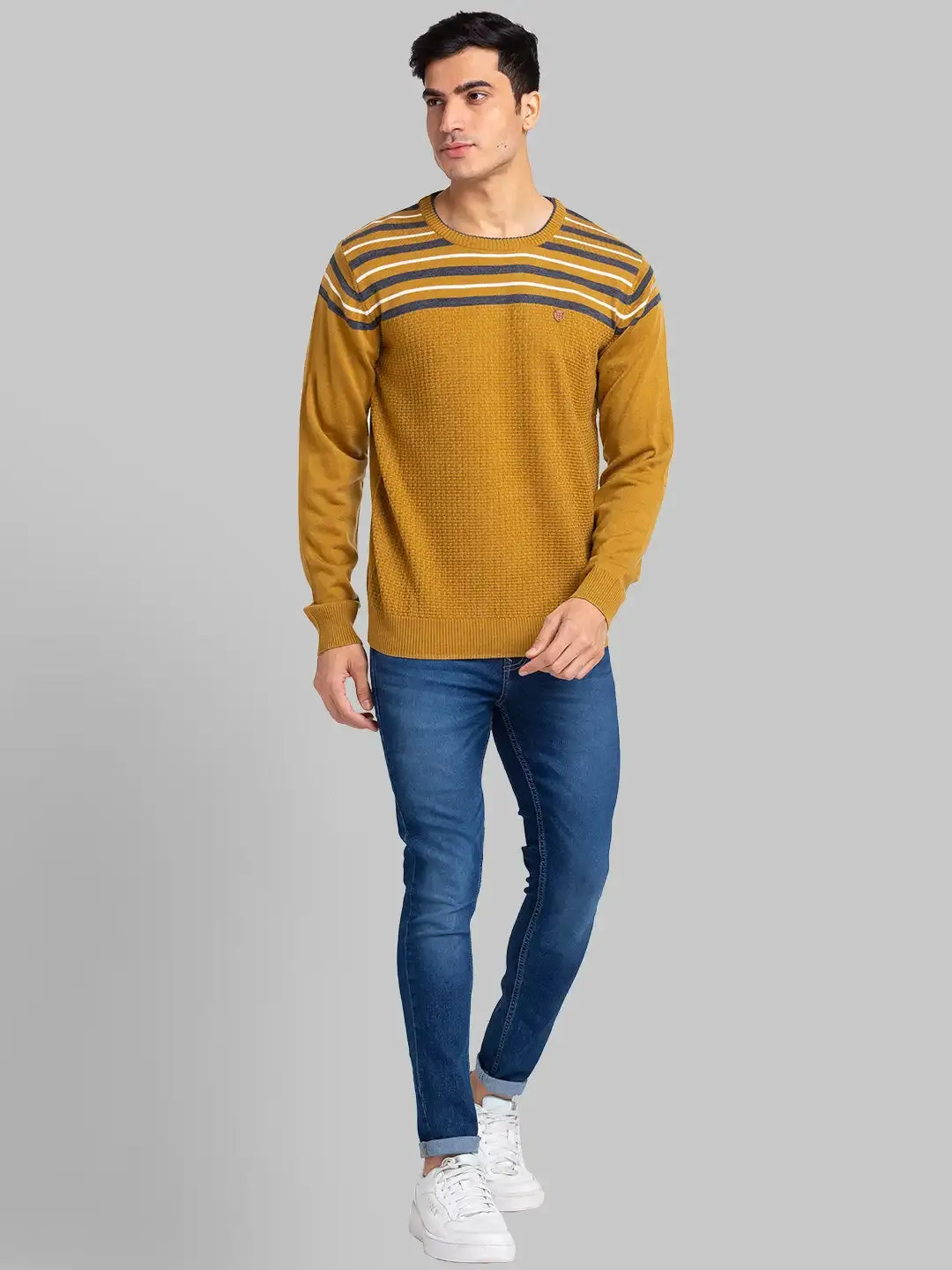 Raymond Men Yellow Stripe Acrylic Blend Sweaters