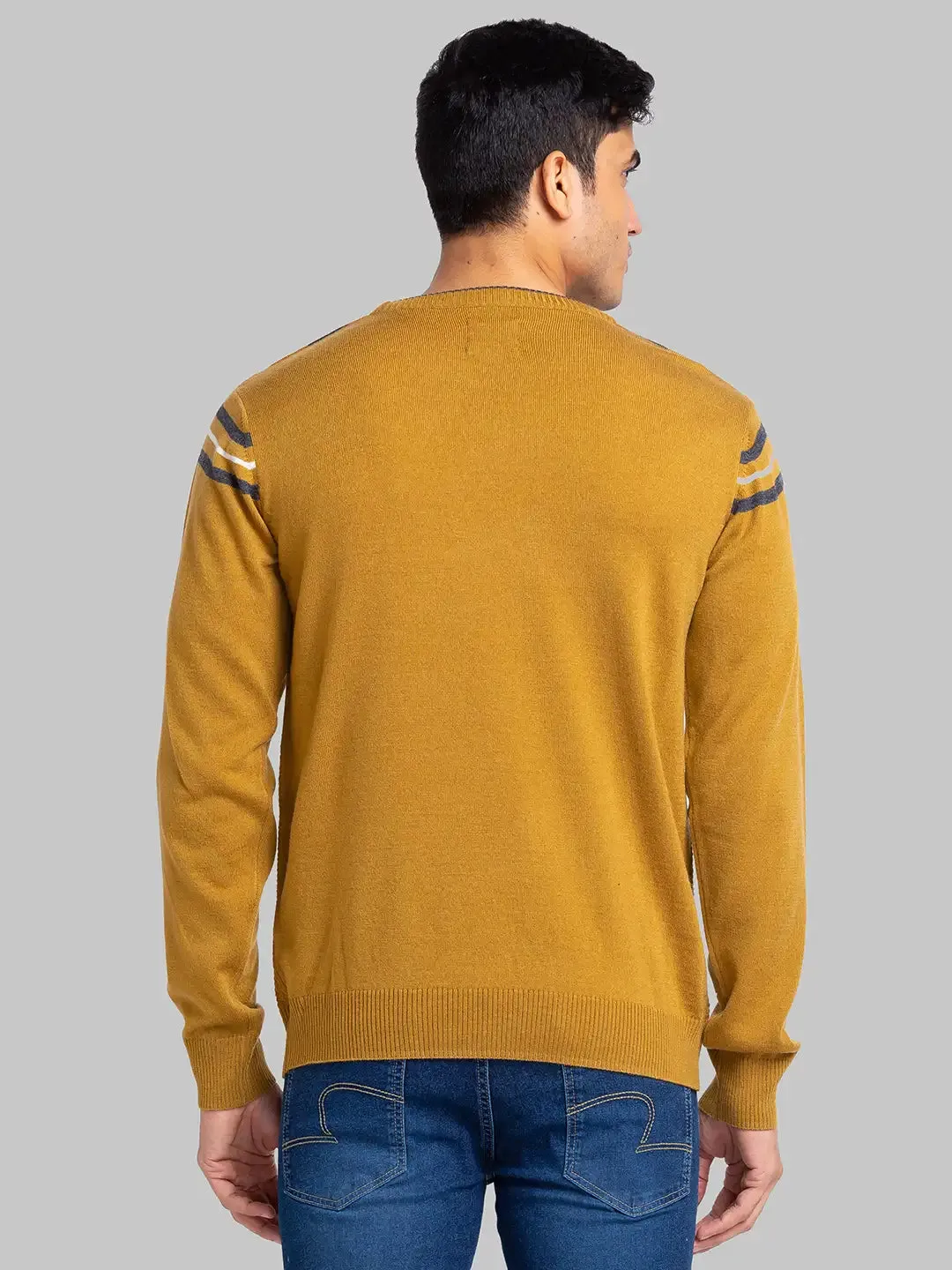 Raymond Men Yellow Stripe Acrylic Blend Sweaters