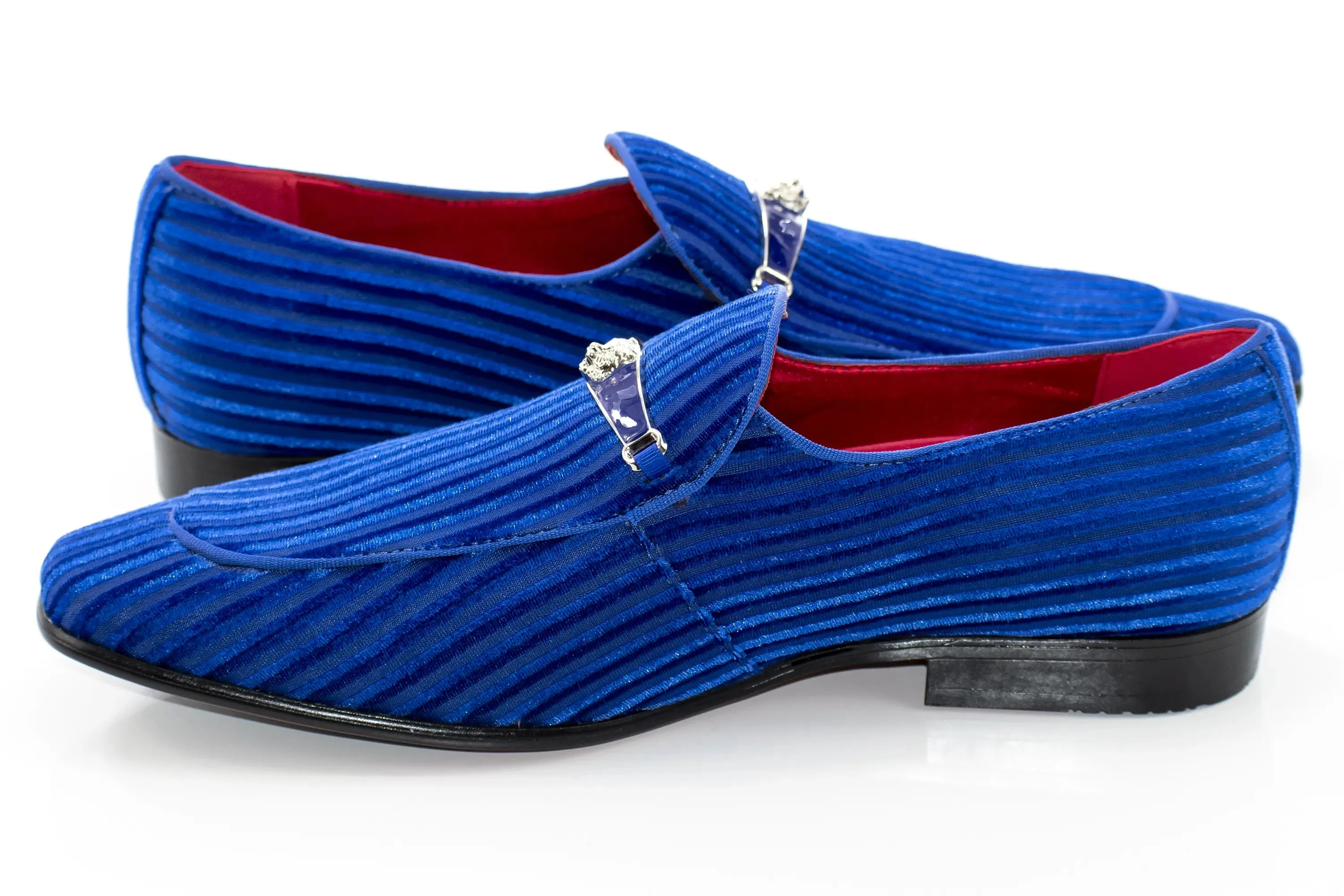 Royal Blue Striped Velvet Smoking Loafer with Designer Bit
