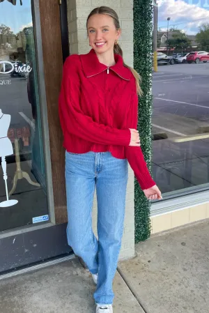 SALE-Collared Zip Wool Sweater-Red