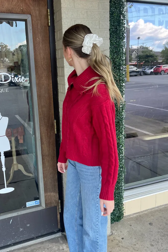 SALE-Collared Zip Wool Sweater-Red