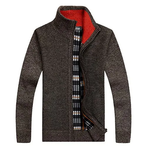 Shengweiao Men's Zip Knitted Cardigan Sweater (X-Large, Brown)