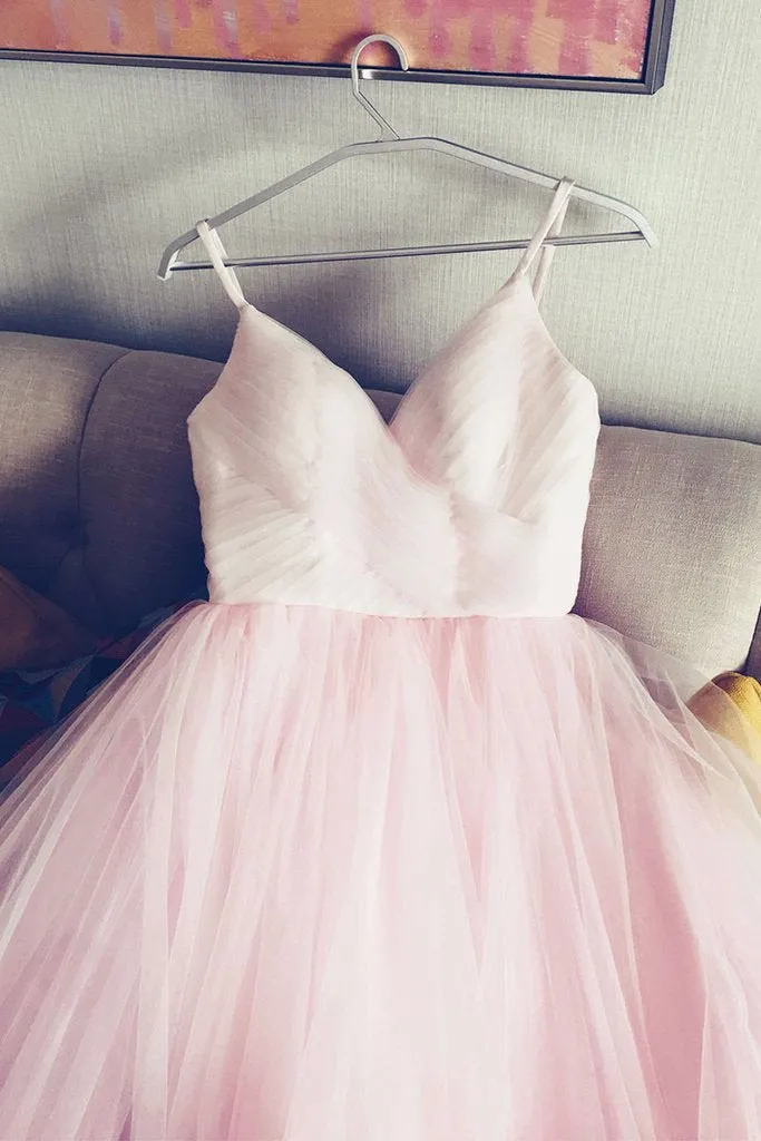 Simple spaghetti straps v neck tulle pink prom/evening dress, pink tulle bridal dress PFP0943
