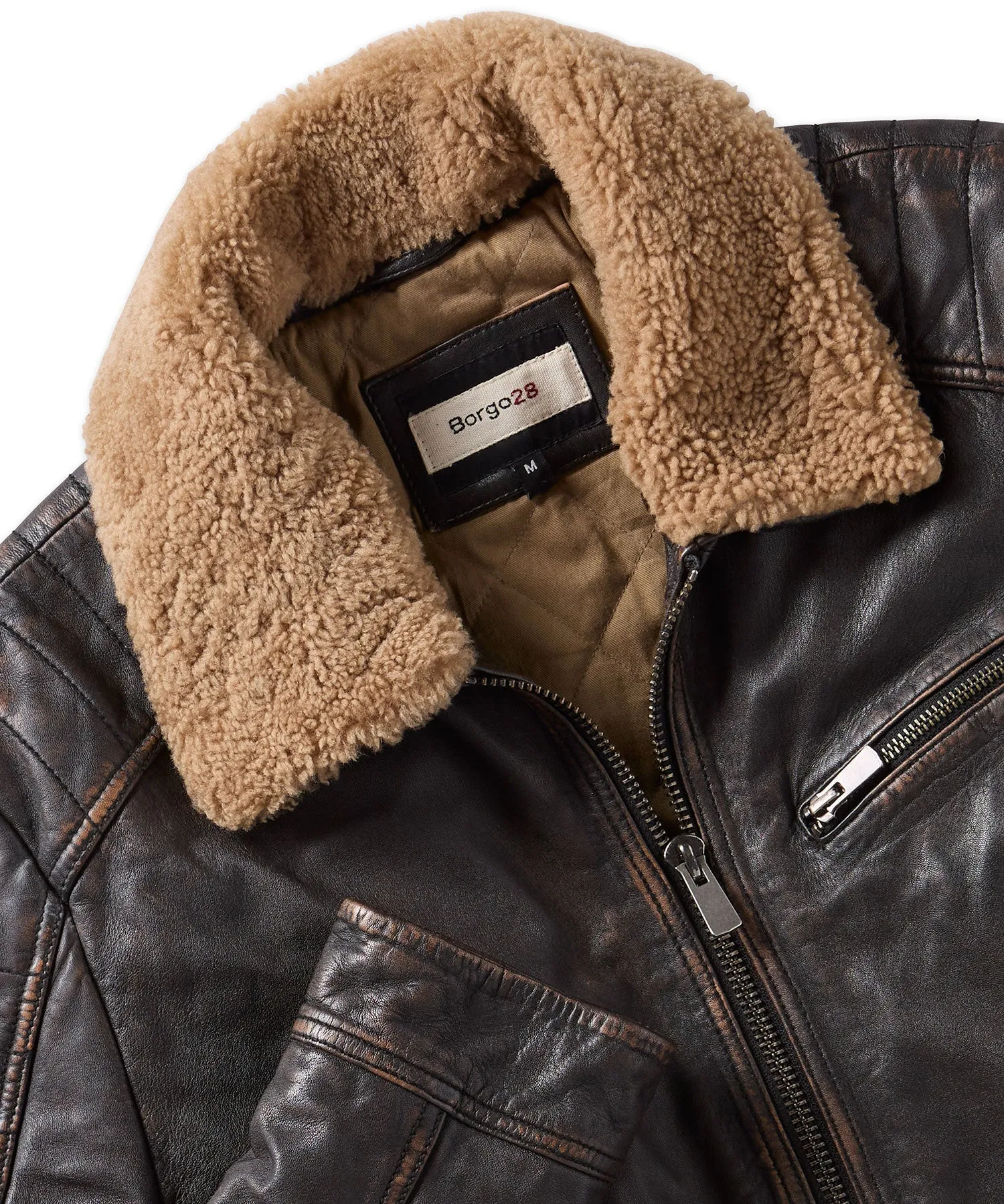 Stonewashed Leather Bomber with Sherpa Collar