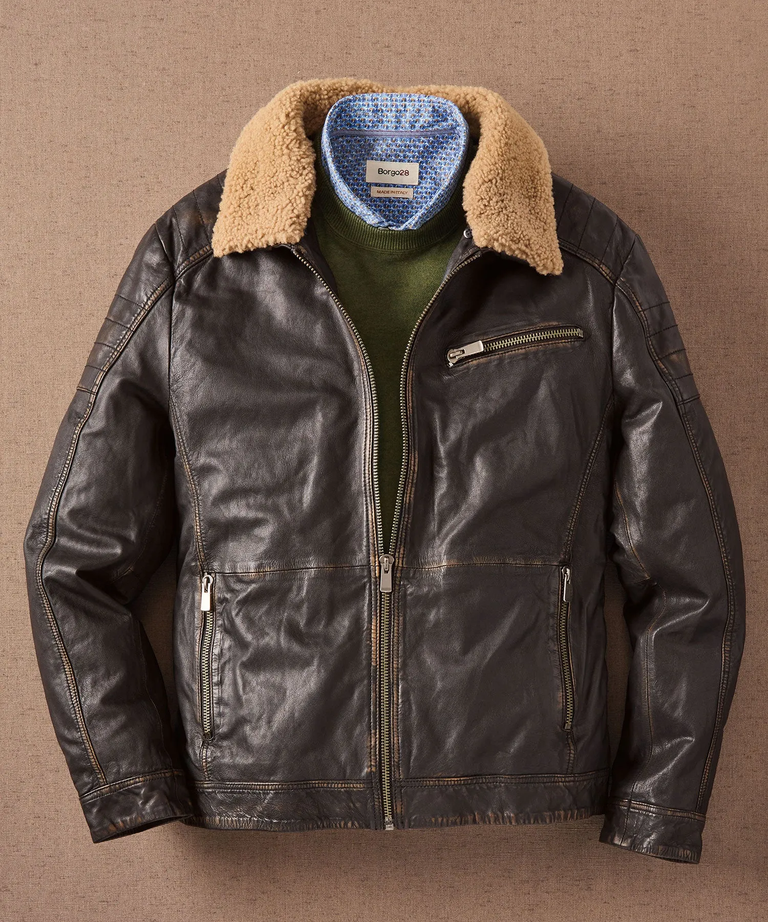 Stonewashed Leather Bomber with Sherpa Collar