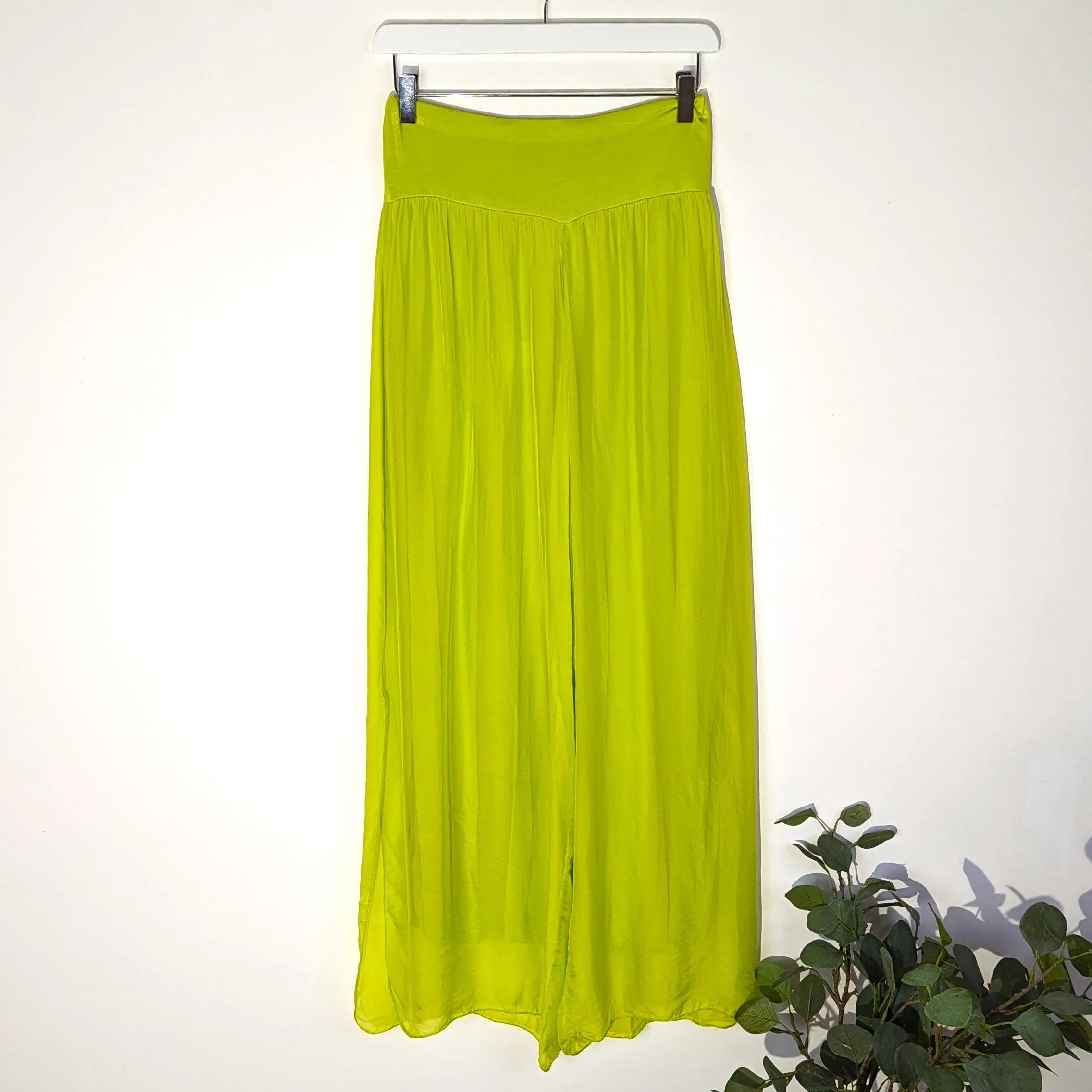 Straight leg silk trousers with side splits on legs and comfortable underlayer