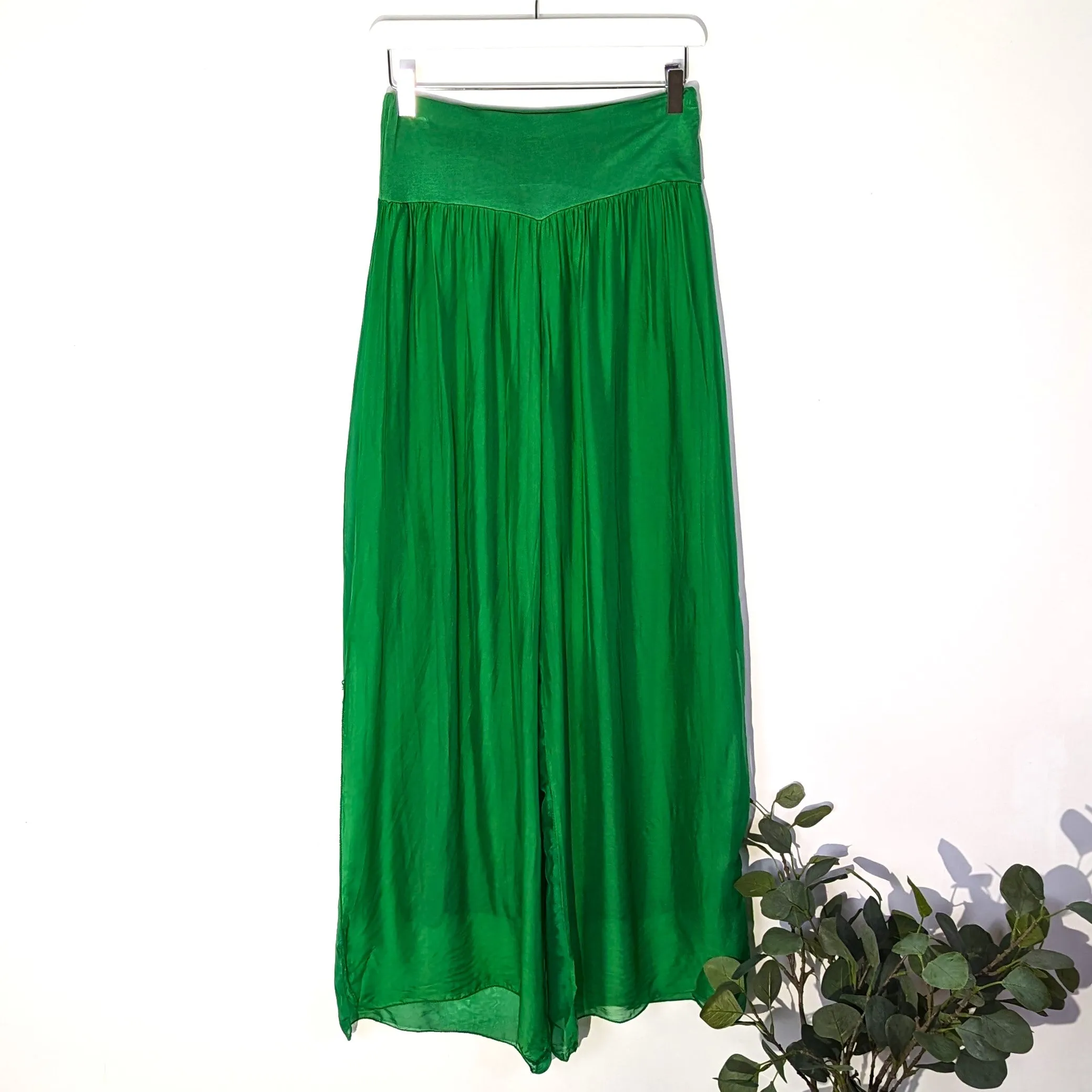 Straight leg silk trousers with side splits on legs and comfortable underlayer